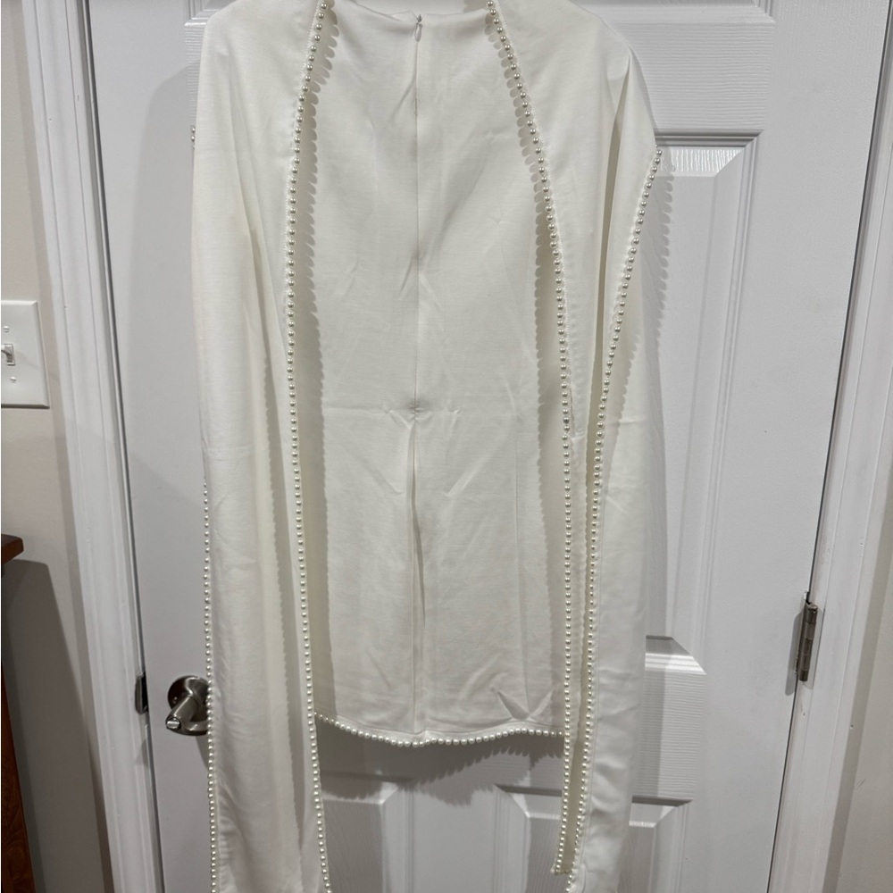 White Cape-Trim Mini Dress with Dramatic Cape - Picture 6 of 6